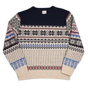 J.Crew Fair Isle 100% Lambswool Crewneck Sweater Mens Medium Navy Cream Nordic